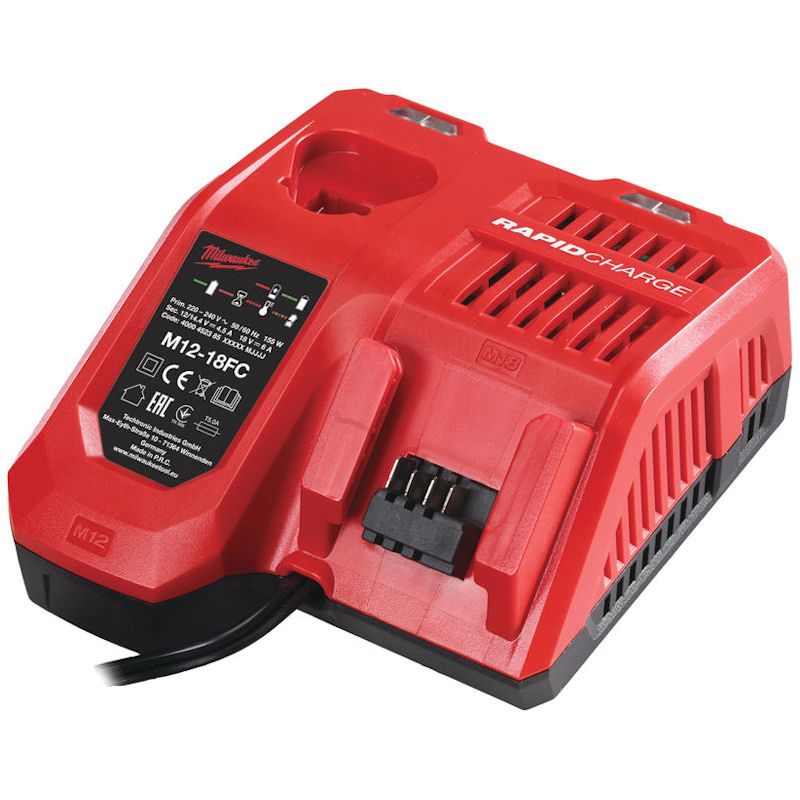 Milwaukee M18™ & M12™ Multi-Voltage Charger for REDLITHIUM-ION™ batteries, charging M18™, M14™, and M12™ packs quickly and efficiently Milwaukee M18™ & M12™ Multi-Voltage Charger for REDLITHIUM-ION™ batteries, charging M18™, M14™, and M12™ packs quickly and efficiently